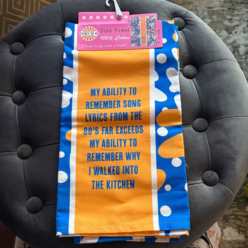"Drinks On Me" brand dish towel 100% cotton. Colorful 80s Lyrics Dish Towel